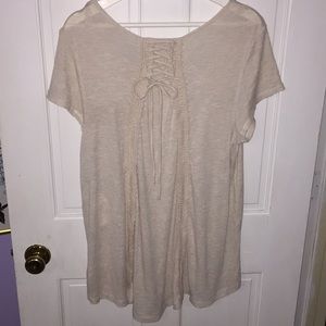 Short sleeve lace up back blouse